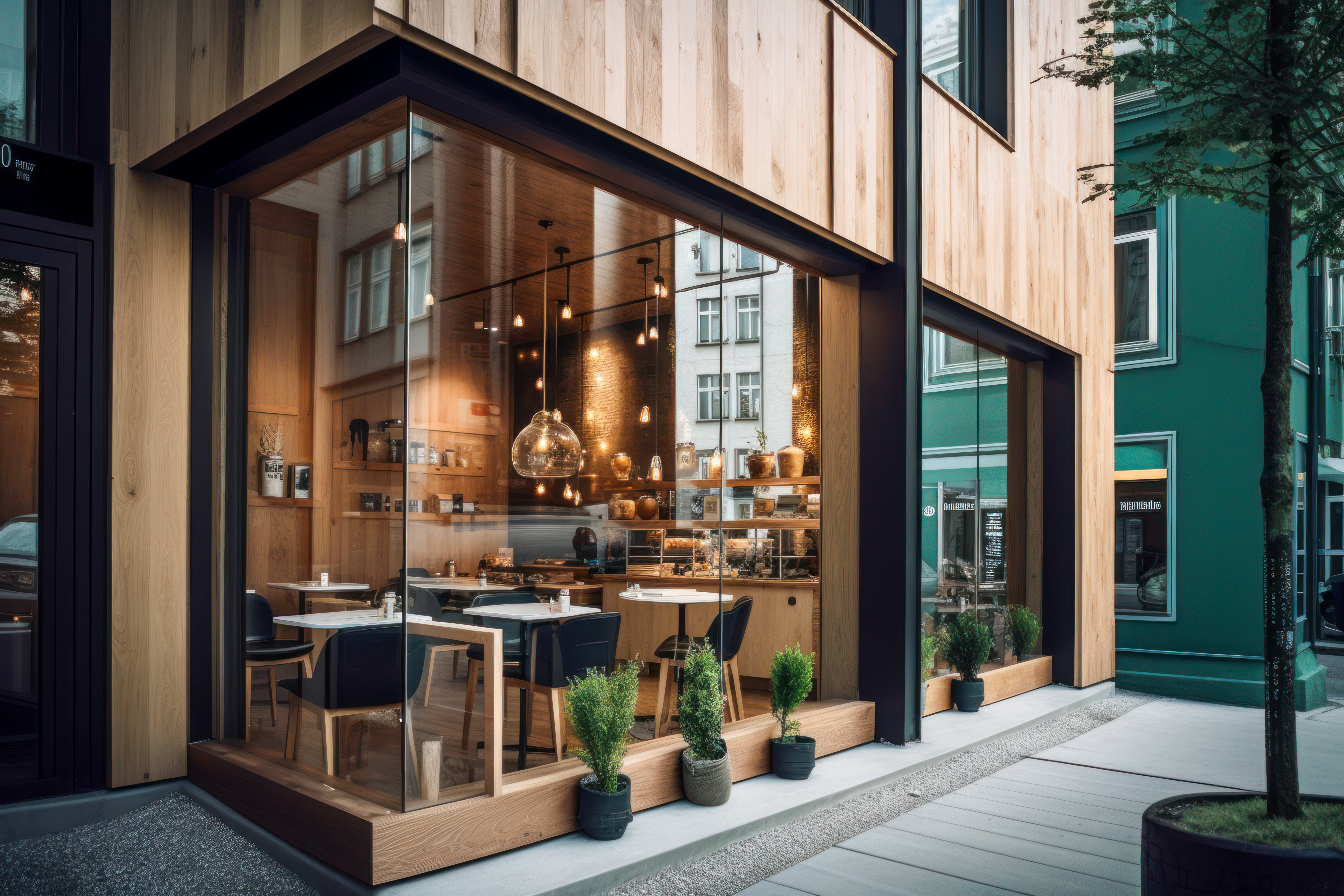 Shop front store on a street setup as a cafe